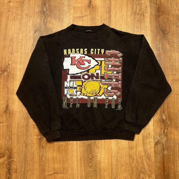 Vintage Kansas City Chiefs Crewneck Sweatshirt 90s NFL On Fox Black Mens Small - Picture 1 of 5